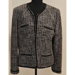 Charter Club Collarless Lined Tweed Jacket, Womans Black and White Size 16